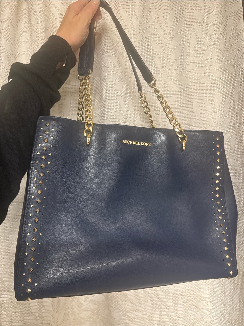 Michael Kors Navy Leather Tote with Gold Chain Handles